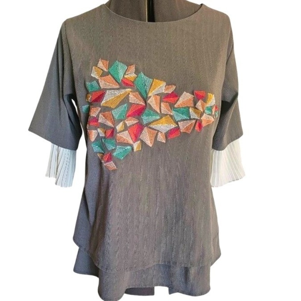 Timorra Artsy Gray Blouse‎ With Layered Pleated Sleeves & Vibrant Embroidery XXL